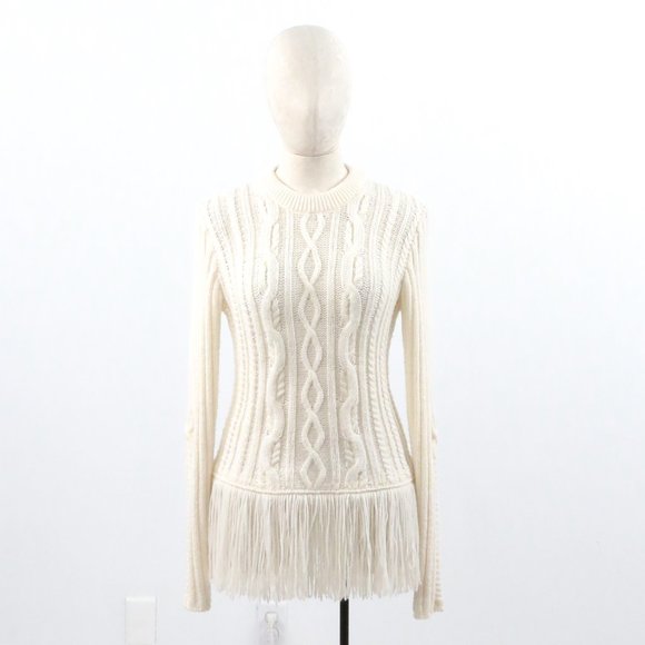 Tory Burch S Wool Fringe Cable Knit Sweater Cream - Picture 4 of 10